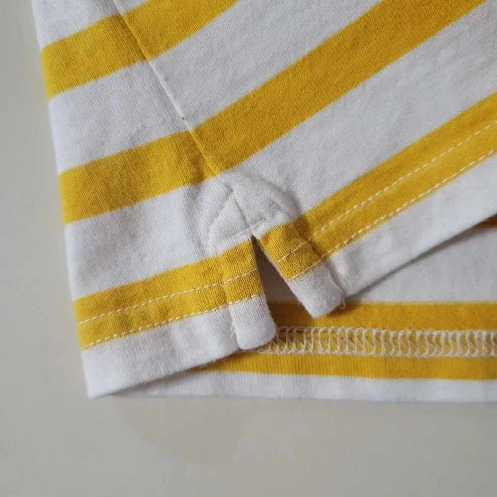 J.Crew Women's Crewneck Yellow Stripe Suede Shoulder Long Sleeve Pullover Top